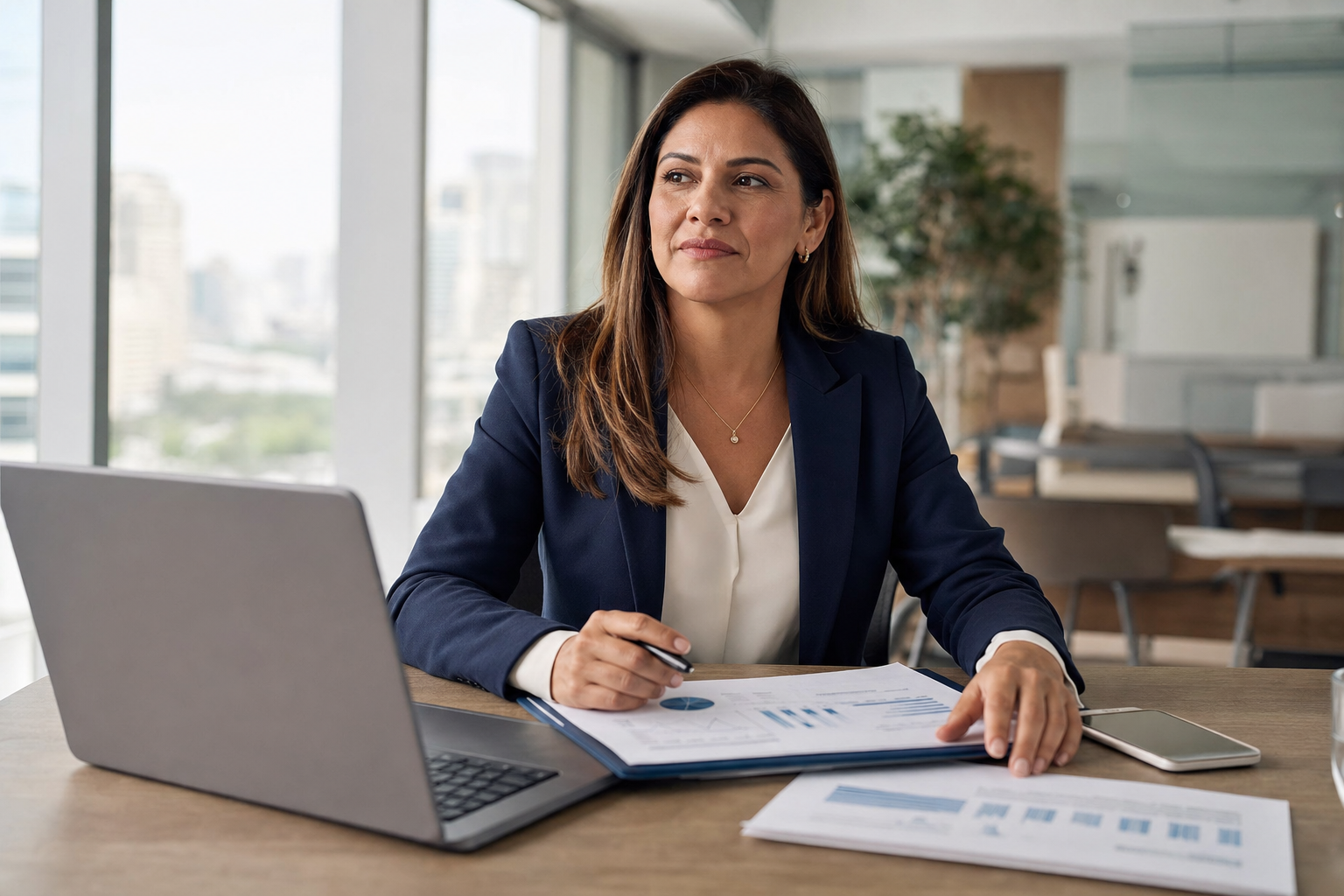 Profesional de la gestión empresarial en su oficina, analizando reportes financieros