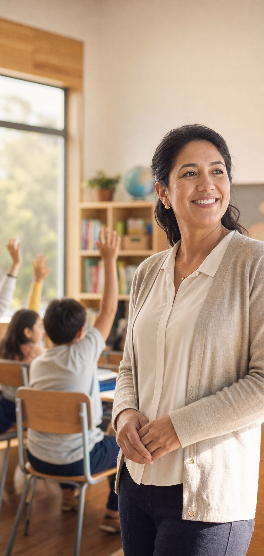 Docente profesional adulto en un aula, apoyando el aprendizaje de sus estudiantes